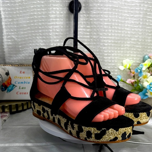 (O)Vince Camuto Kellia SuedeLeopard Sisal Leather Sandals with Straps Black 8.5M - Picture 2 of 14